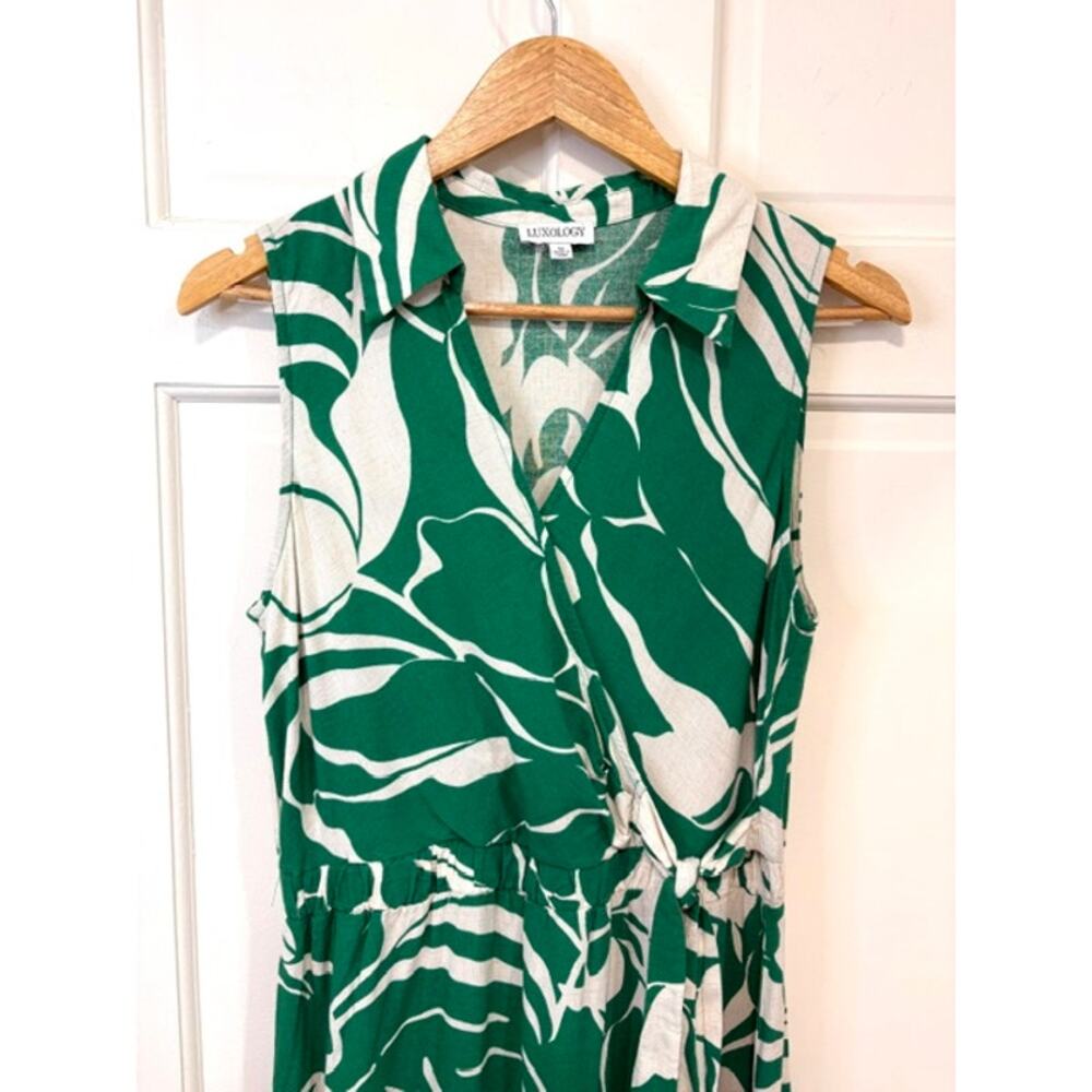 Luxology Linen Blend Sleeveless Mock Wrap Midi Dress‎ Sz M Green Tropical Leaf - Picture 3 of 12